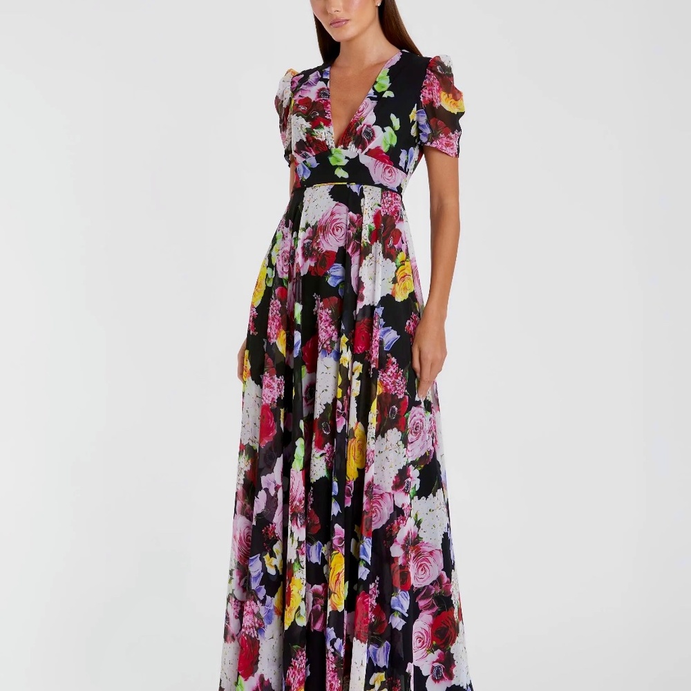 Mac Duggal Black Floral Print Mesh Short Sleeve Gown